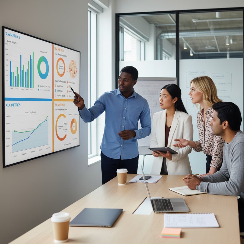 IT leaders reviewing an experience dashboard that visualizes XLA metrics and ITSM user satisfaction across services