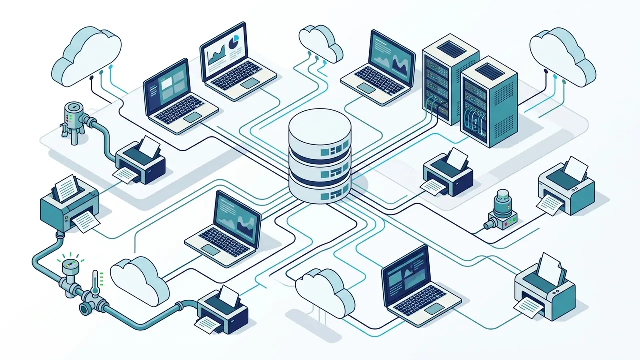 Illustratie van laptops, servers, printers, industriële sensoren en cloudresources die Lansweeper ontdekt en in één CMDB voedt