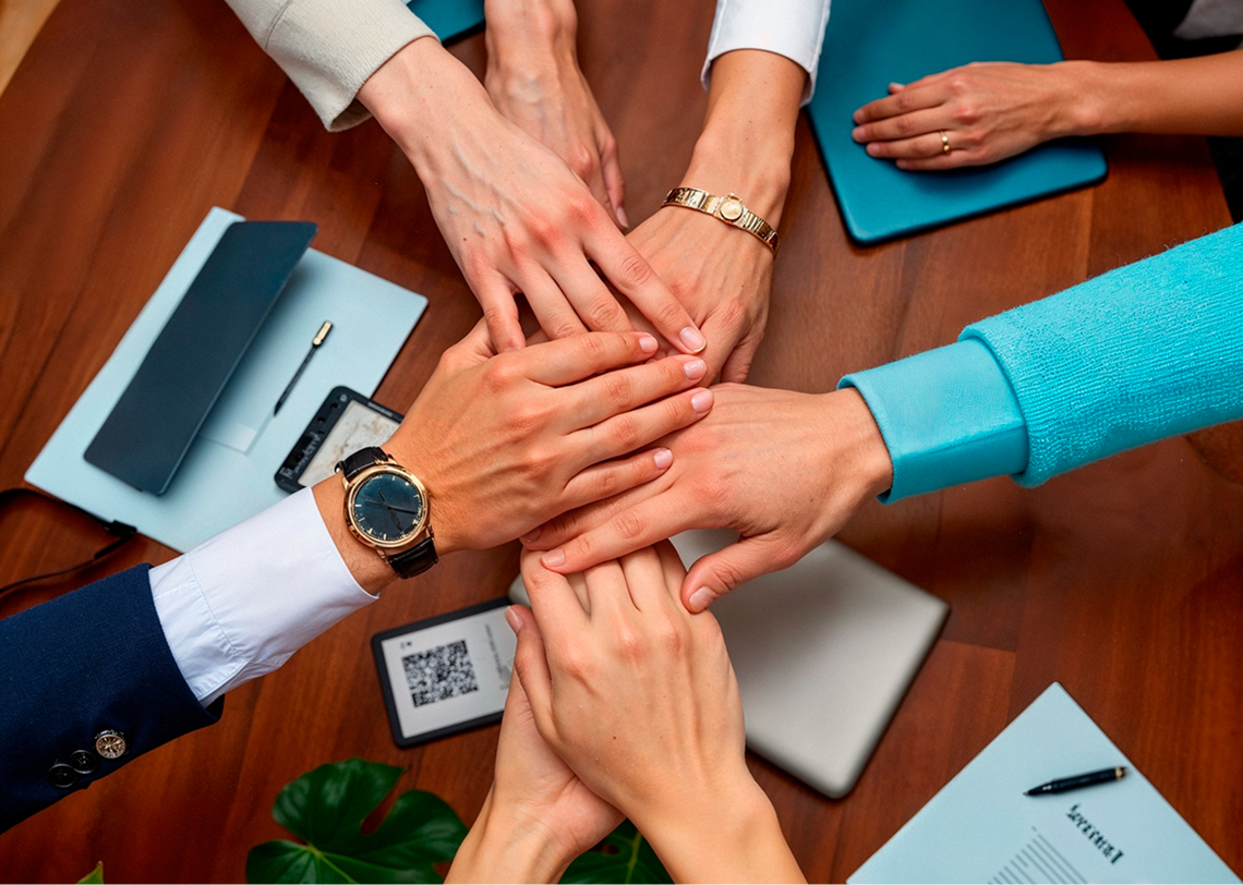 HaloITSM France Business team stacking hands together over conference table