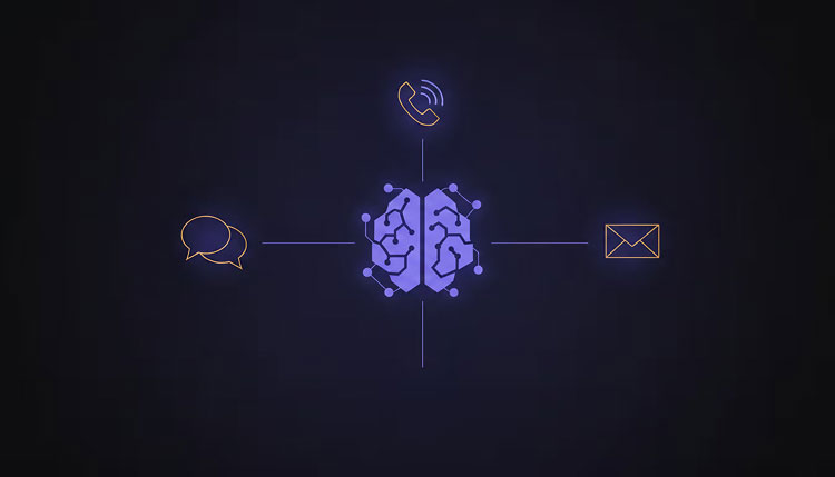 Illustration of Aurion AI voice agent for IT support connecting phone, chat, and email channels